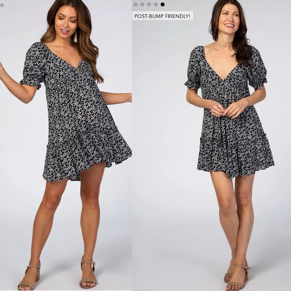 Pinkblush | Dresses | Pinkblush Black Floral Puff Sleeve V Neck Mini ...